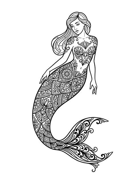 Black and white illustrative mermaid and mandala tattoo design