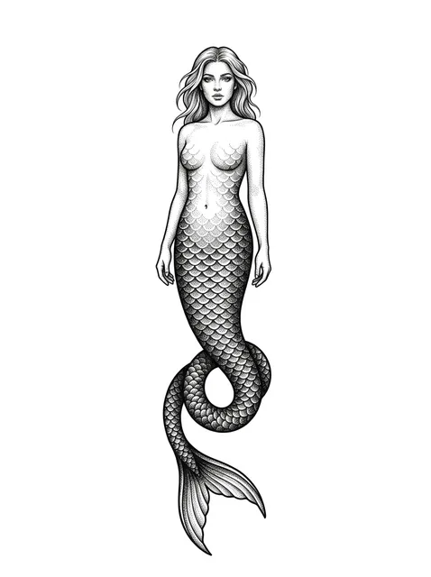 Black and grey illustrative mermaid tattoo design