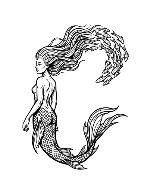 Black and white illustrative mermaid tattoo design: a mermaid with flowing hair
