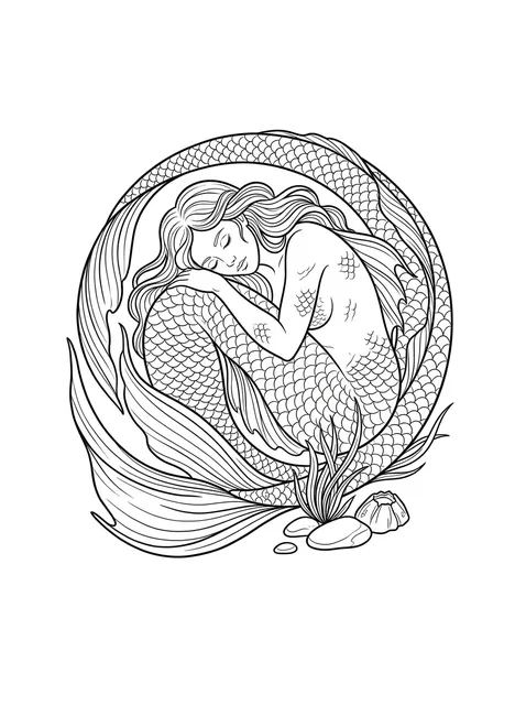 Black and grey illustrative mermaid tattoo design: a sleeping mermaid curled into a circular shape