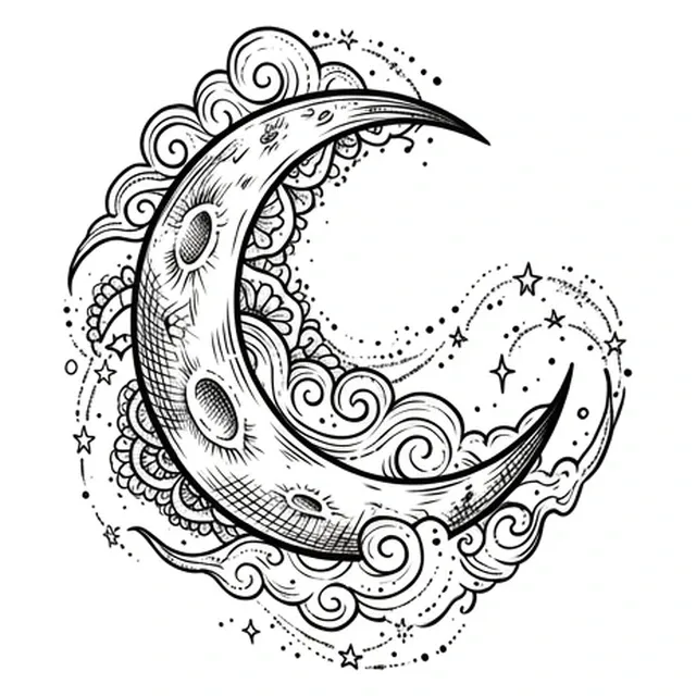 Black and grey illustrative cloud and moon tattoo design