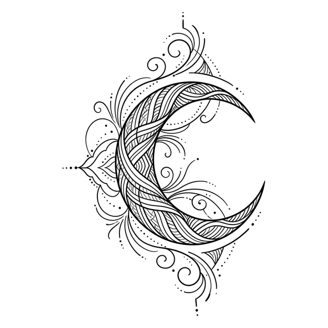 Black and grey illustrative moon and mandala tattoo design