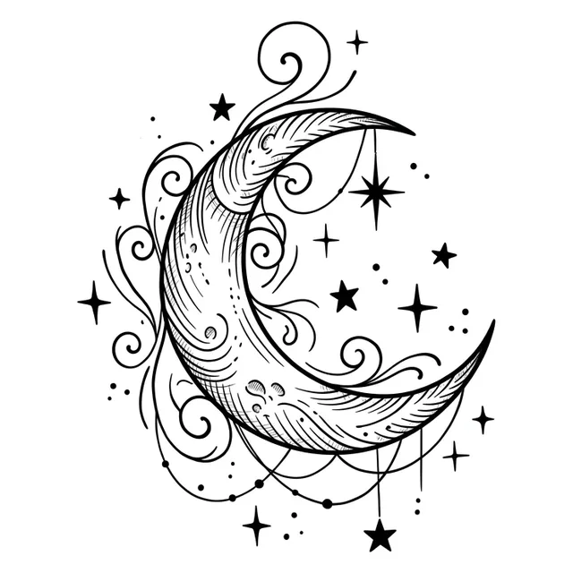 illustrative Moon tattoo design, black and grey
