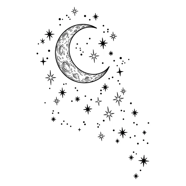 Black and white illustrative moon and star tattoo design