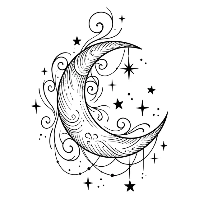 Black and grey illustrative moon and star tattoo design
