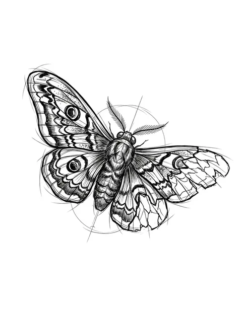 Black and white illustrative moth tattoo design: a moth with intricate wing patterns