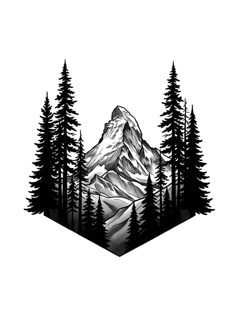 Black and grey illustrative mountain and tree tattoo design