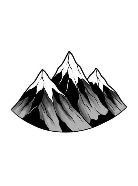 Black and grey illustrative mountain tattoo design: three snow-capped mountains