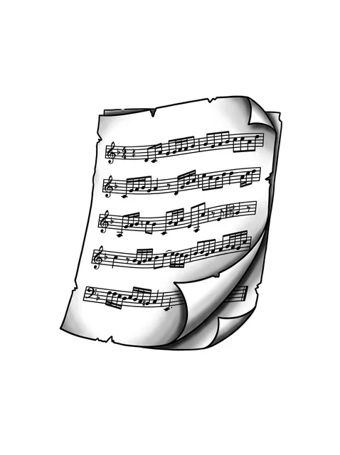 Black and grey illustrative music note tattoo design: a sheet of music with notes and clefs
