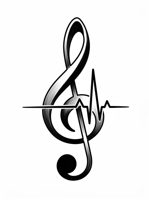 Black and grey illustrative music note tattoo design
