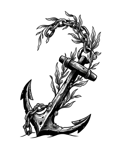 Black and grey illustrative ocean and anchor tattoo design