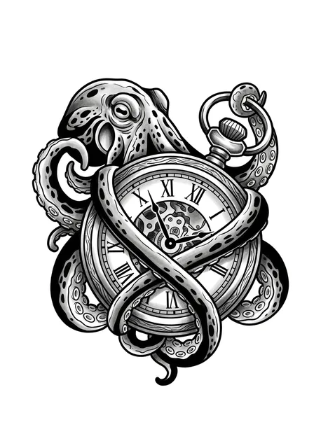 Black and grey illustrative octopus and clock tattoo design