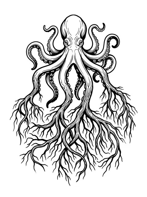 Black and white illustrative octopus tattoo design