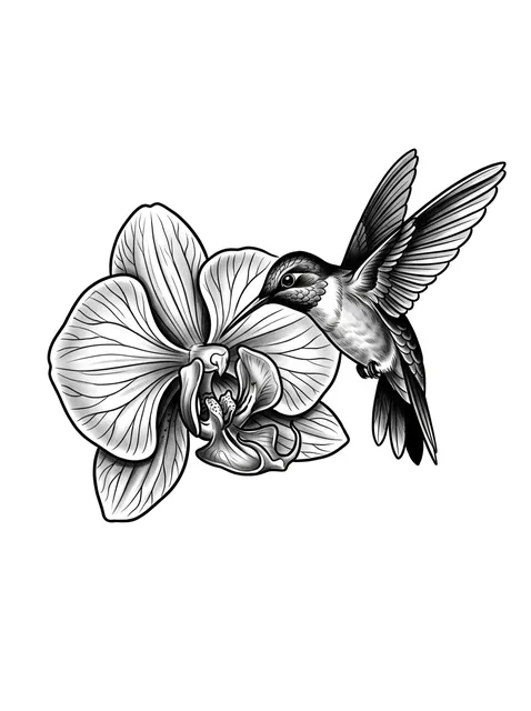 Black and grey illustrative orchid and hummingbird tattoo design