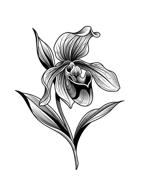 Black and grey illustrative orchid tattoo design