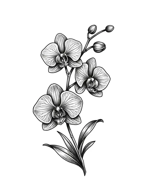 Black and grey illustrative orchid tattoo design
