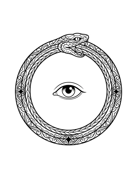 Black and white illustrative ouroboros and eye tattoo design