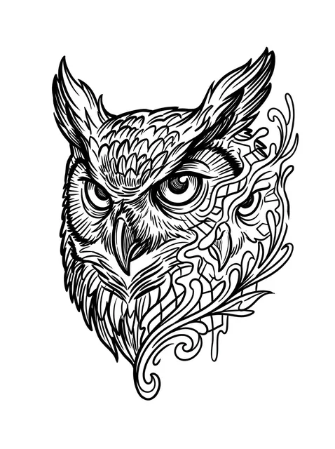Black and grey illustrative owl and abstract tattoo design