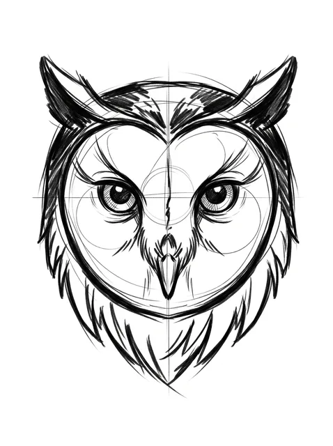 Black and grey illustrative owl tattoo design: the head of an owl