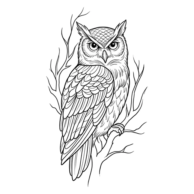illustrative Owl tattoo design, black and grey