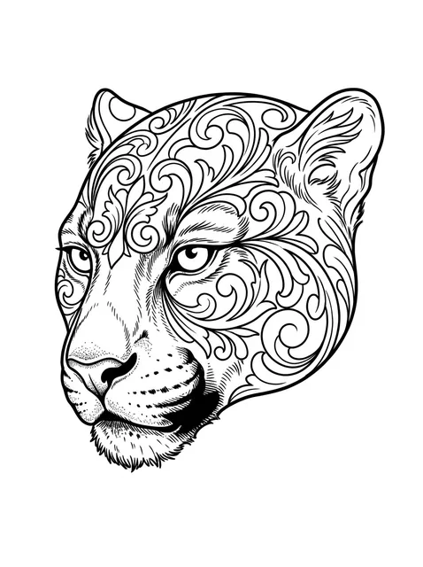 Black and grey illustrative panther and leaf tattoo design