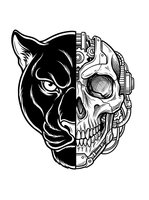 Black and white illustrative panther and skull tattoo design