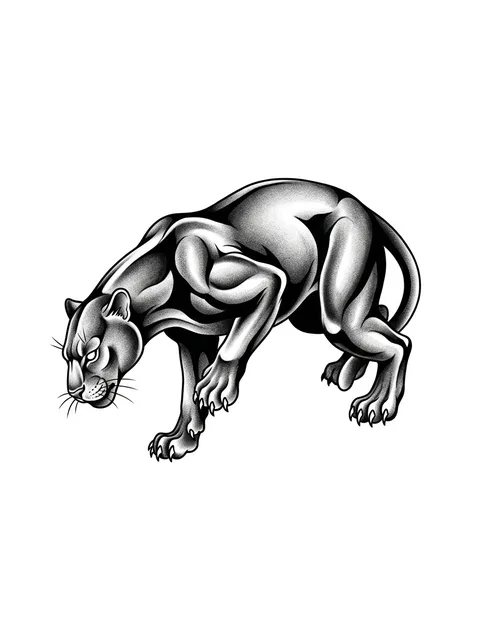 Black and grey illustrative panther tattoo design: a panther in a stalking pose