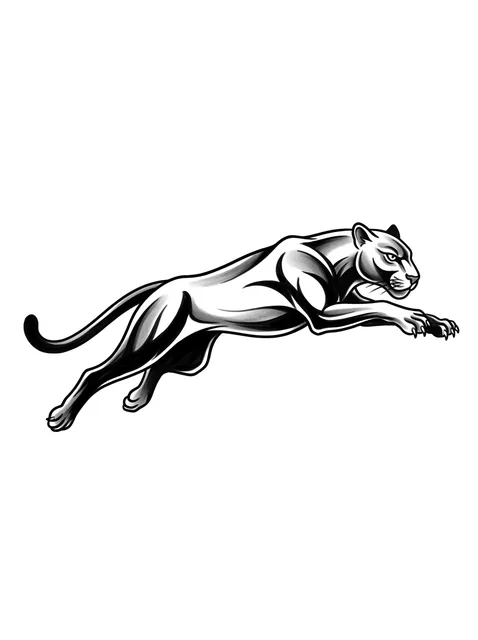 Black and grey illustrative panther tattoo design: a leaping panther