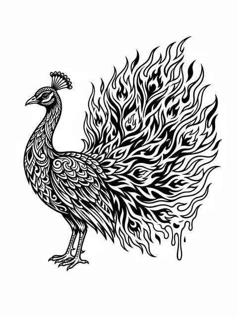 Black and white illustrative fire and peacock tattoo design: a peacock with its tail feathers