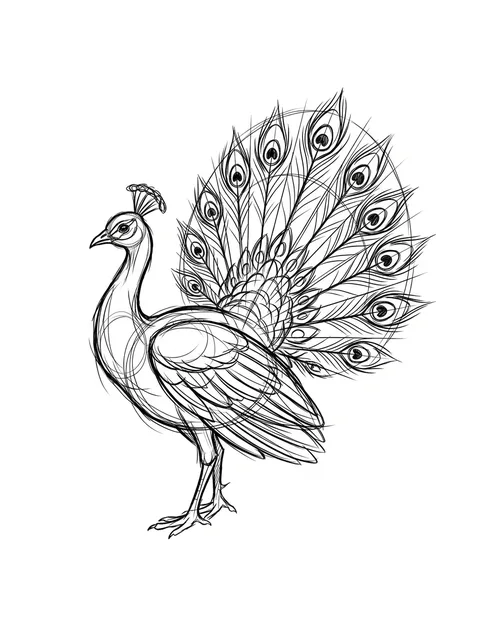 Black and grey illustrative peacock tattoo design: a peacock with its tail fanned out