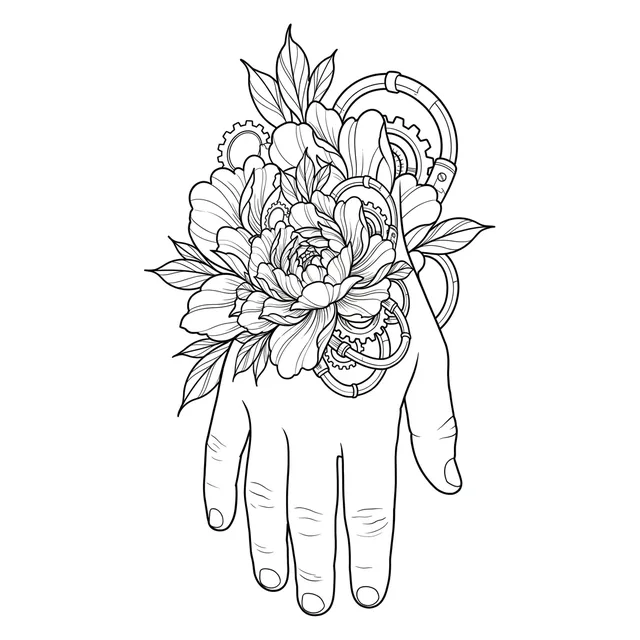 Black and grey illustrative peony and hand tattoo design