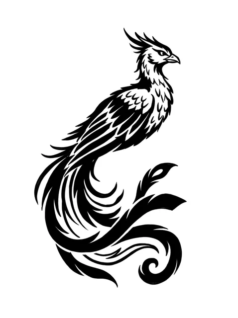 Black and white illustrative phoenix and bird tattoo design