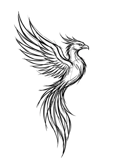 Black and grey illustrative phoenix tattoo design: a phoenix in flight