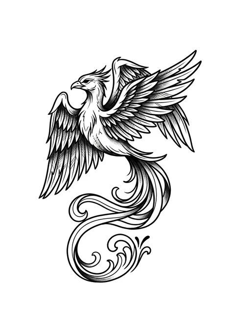Black and grey illustrative phoenix tattoo design: its wings spread wide