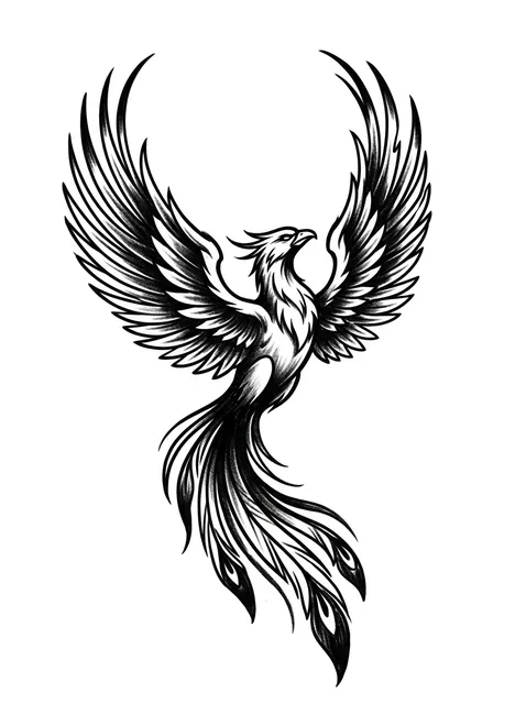 Black and white illustrative phoenix tattoo design: a phoenix in flight