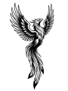 Black and grey illustrative phoenix tattoo design: its wings spread wide