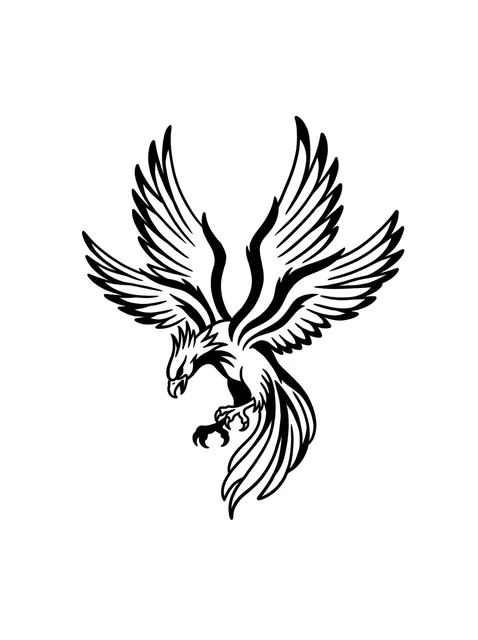Black and grey illustrative phoenix tattoo design: a phoenix in mid-flight