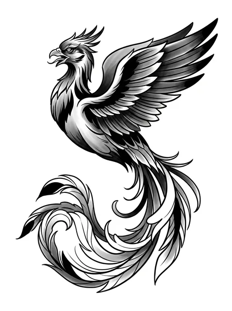 illustrative Phoenix tattoo design, black and grey