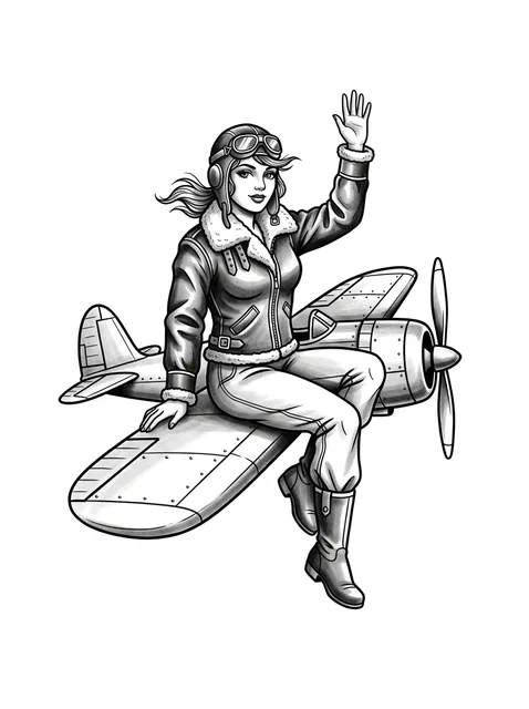 Black and grey illustrative pin up and airplane tattoo design