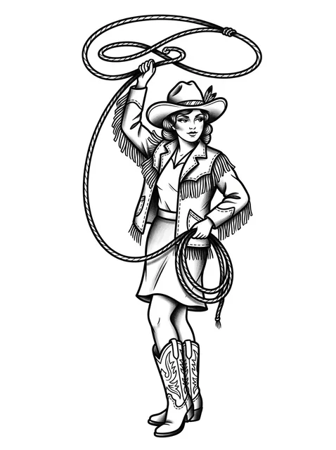 Black and grey illustrative pin up and lasso tattoo design: a coil of rope in her other hand