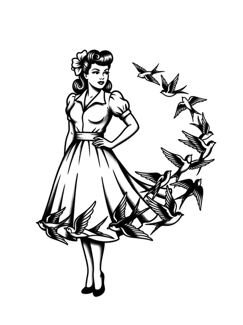 Black and white illustrative pin up and swallow tattoo design