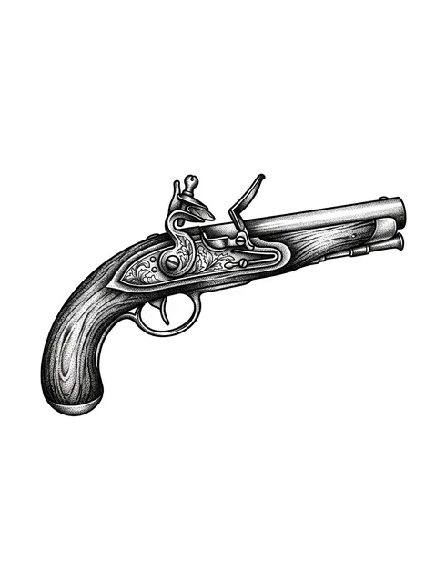 Black and grey illustrative gun and pirate tattoo design