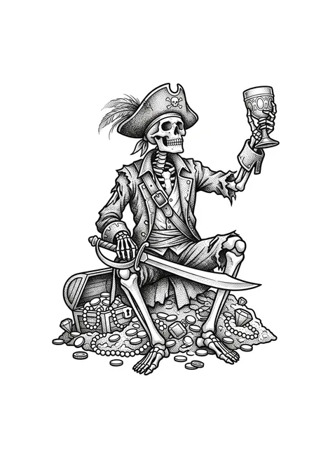 Black and grey illustrative pirate and skeleton tattoo design