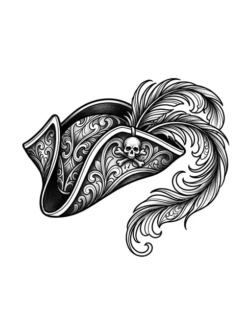 Black and grey illustrative pirate and tricorn hat tattoo design