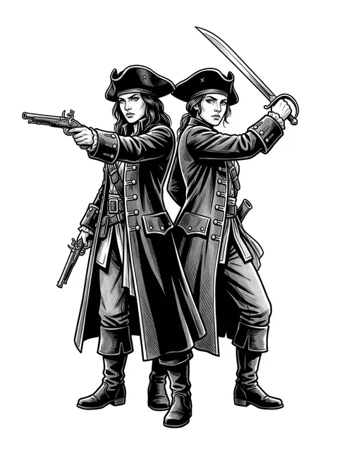 Black and grey illustrative pirate and woman portrait tattoo design