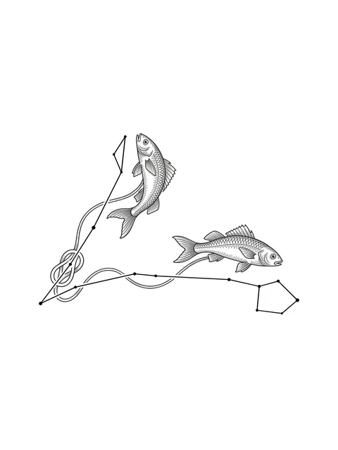 Black and grey illustrative constellation and pisces tattoo design