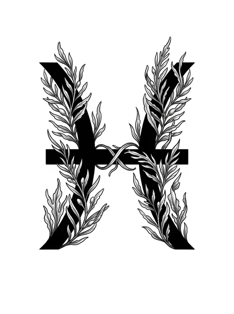 Black and grey illustrative pisces and leaf tattoo design