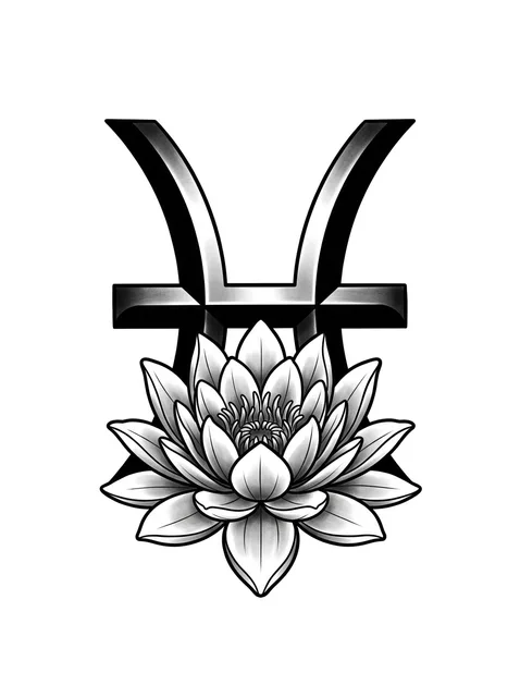 Black and grey illustrative pisces and lotus tattoo design