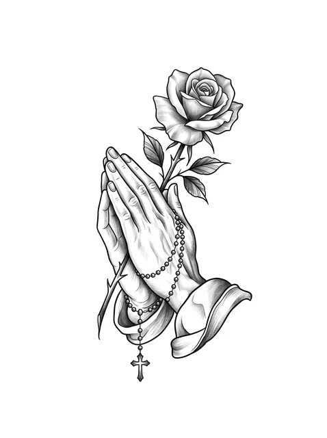 Black and grey illustrative praying hands and rose tattoo design