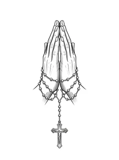 Black and grey illustrative praying hands tattoo design: a rosary draped around them